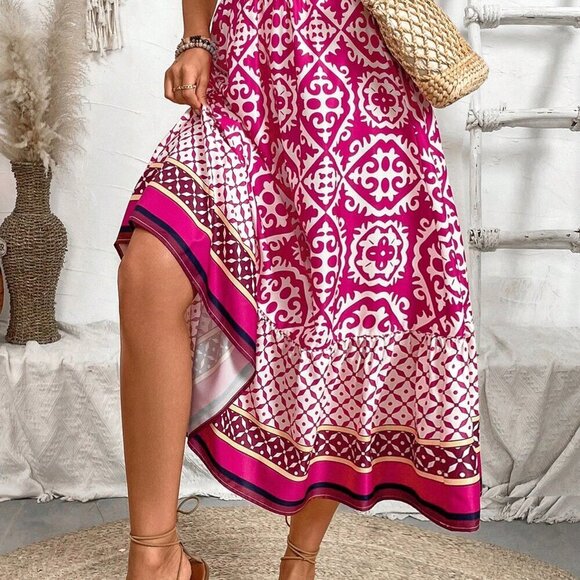 Hot Pink Boho Women's Colorblock Floral Print Ruffle Hem Skirt Maxi Outfit - Picture 8 of 8